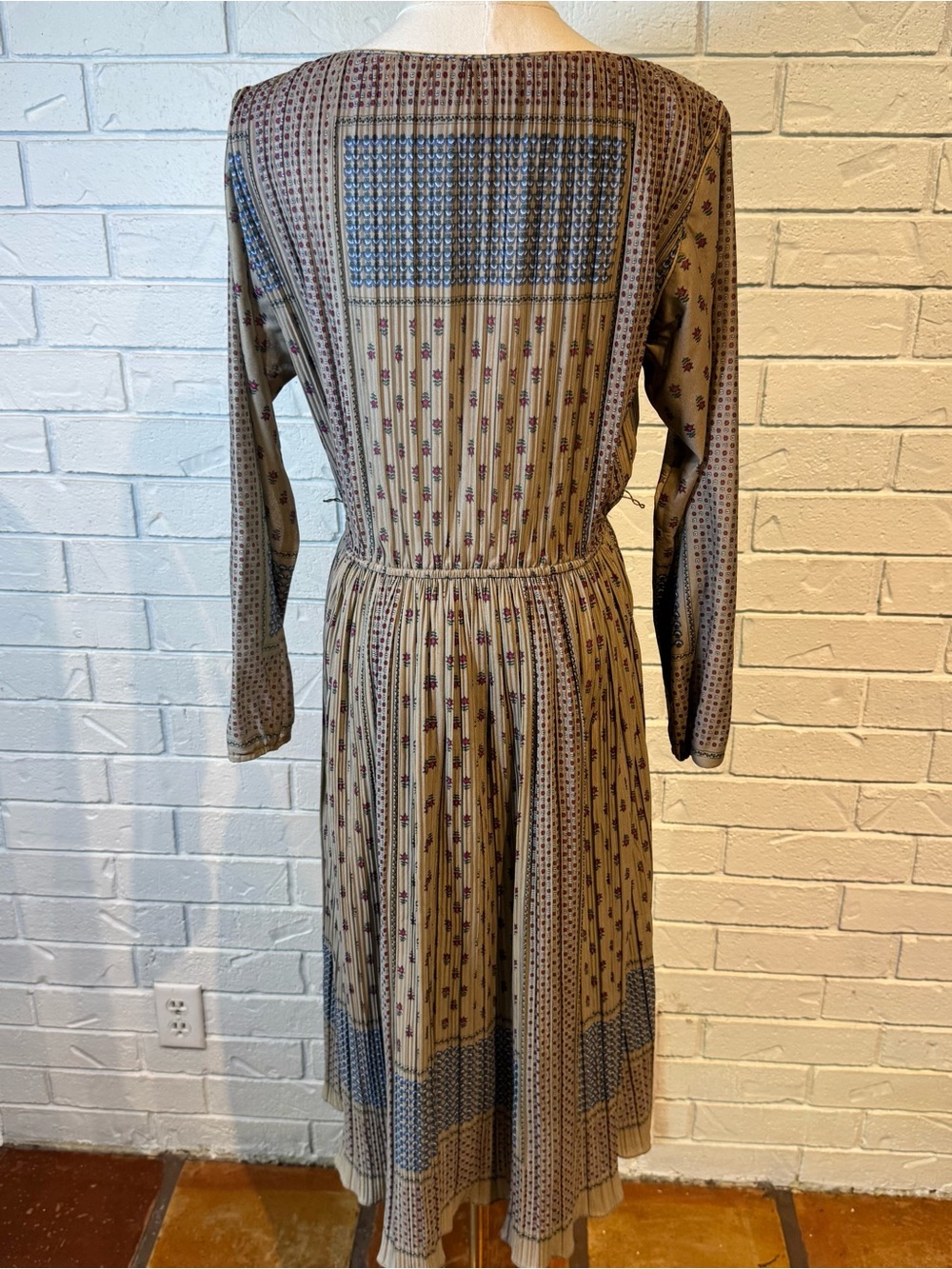 Vintage 70s 80s Liz Roberts Long Sleeve Midi Dress Taupe Floral Womens M - Picture 5 of 12